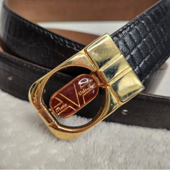 Vintage Mario Valentino Black Crocodile Skin Gold Logo Buckle Belt Size 36/90 main image 6